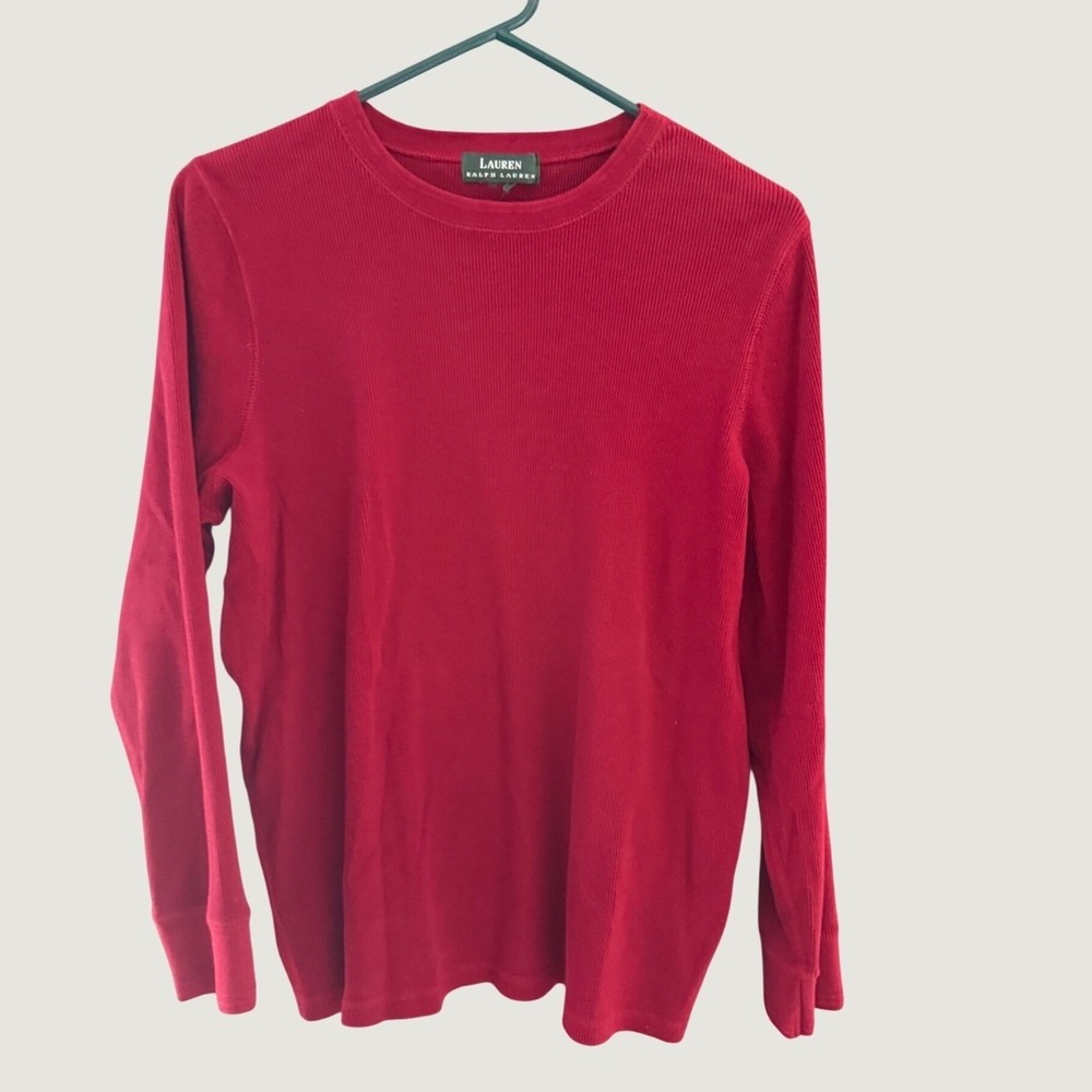Lauren Ralph Lauren Womens 1X Red Ribbed Long Sleeve Crew Neck Top Sleeve Pocket